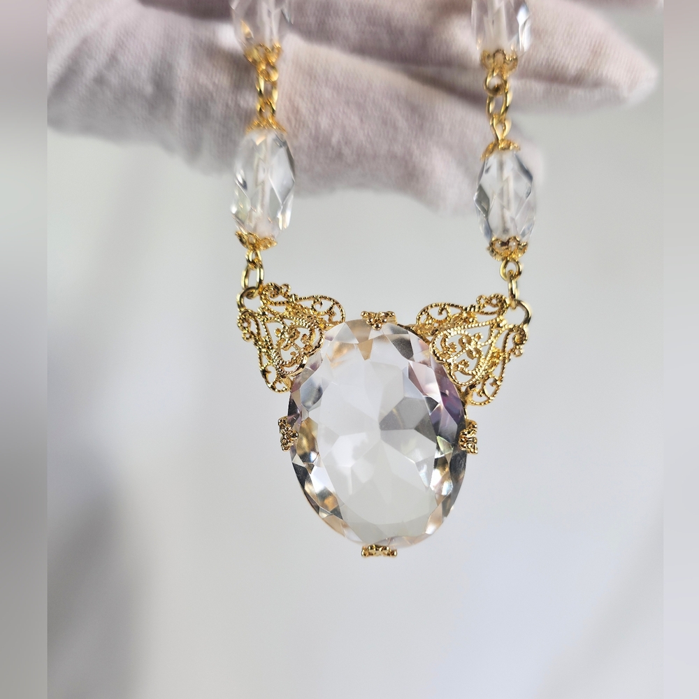Vintage Farrah Crystal Necklace Signed Gold Plated Filigree Collar Statement - Picture 7 of 11